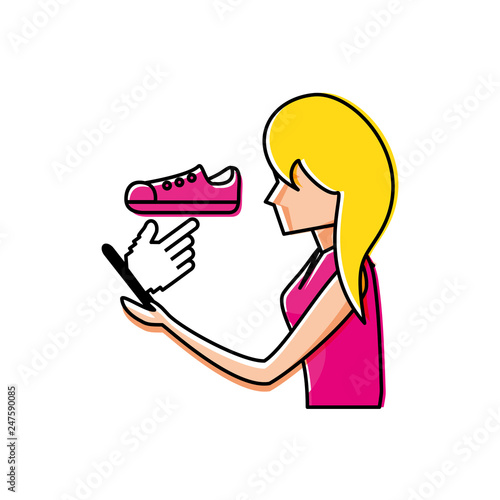 woman using smartphone buying shoes