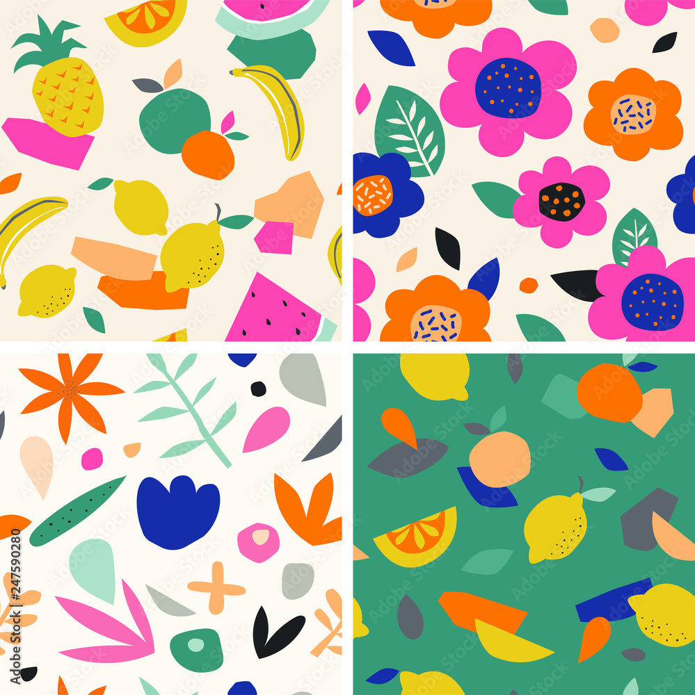 Colorful seamless pattern in paper cutout style. Modern graphic design, hand drawn textures. Ideal for web, card, poster, cover, invitation, brochure