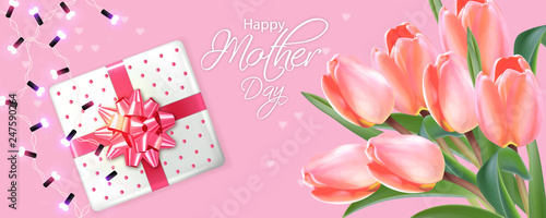 Mother day card with tulips bouquet Vector realistic. Gifts and flowers on pi...