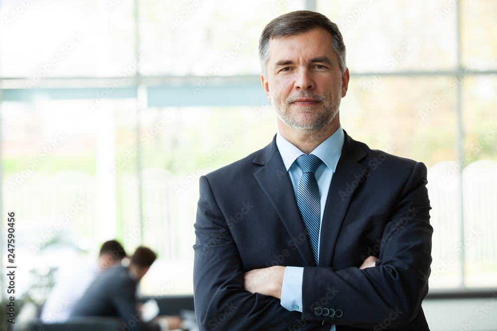 Modern mature businessman smiling and looking at camera with his colleagues in the background at office. Modern mature businessman smiling and looking at camera with his colleagues in the background at office.