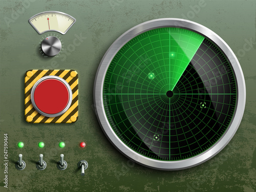 Military dashboard with radar, red button and switches.