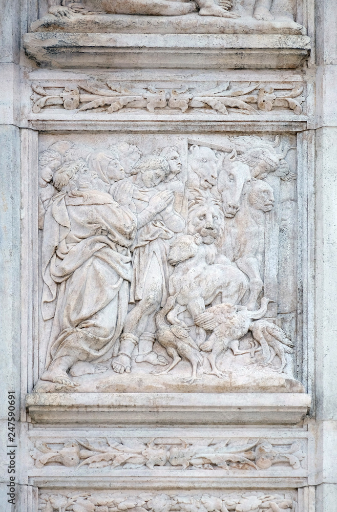 The Noah exits the ark, relief on portal of Saint Petronius Basilica in Bologna, Italy