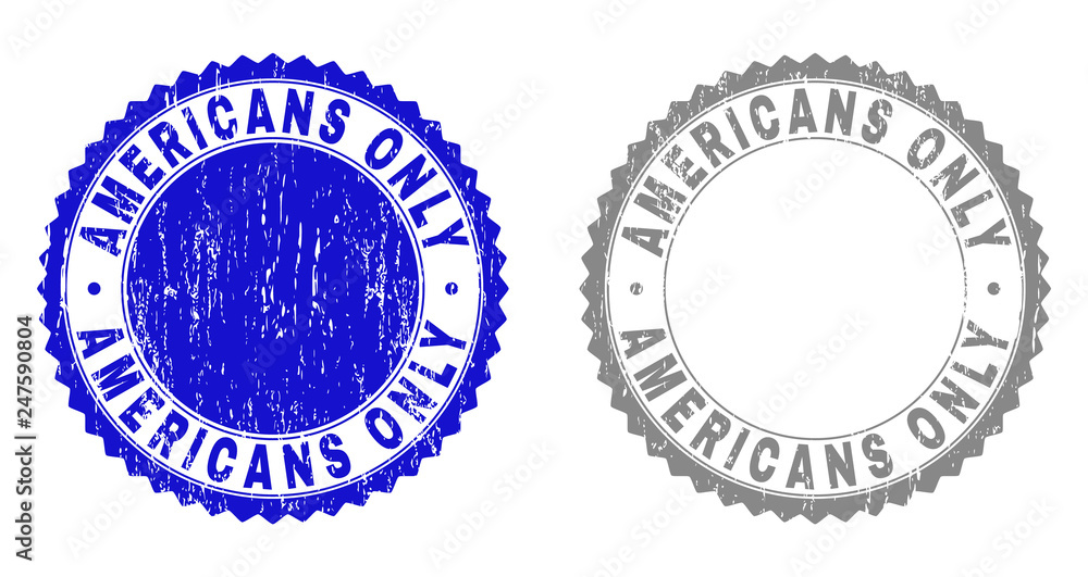 Grunge AMERICANS ONLY stamp seals isolated on a white background. Rosette seals with grunge texture in blue and grey colors. Vector rubber imprint of AMERICANS ONLY caption inside round rosette.