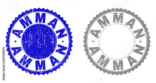 Grunge AMMAN stamp seals isolated on a white background. Rosette seals with grunge texture in blue and gray colors. Vector rubber overlay of AMMAN caption inside round rosette.
