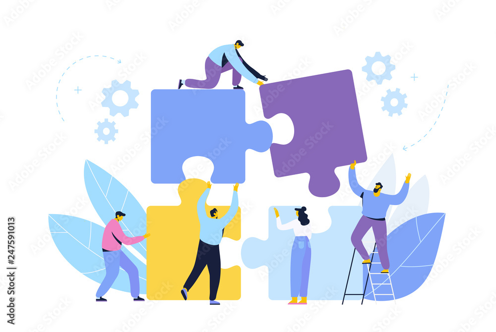 People connecting puzzle elements. Business concept. Partnership. Team working, cooperation.Vector illustration in flat design style. - obrazy, fototapety, plakaty 