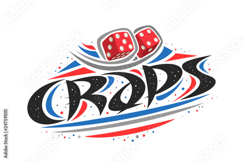 Vector logo for Craps game, creative illustration of throwing two red dice cubes, original decorative brush typeface for word craps, simplistic abstract gambling banner with lines and dots on white.