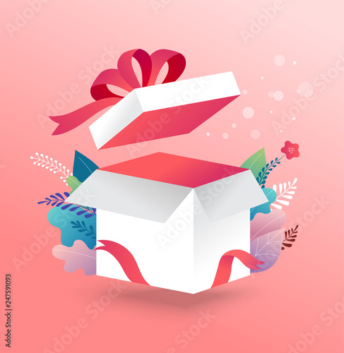 Lucky box, opened white present box with red ribbon. Sale concept design, give away promotion. Vector illustration