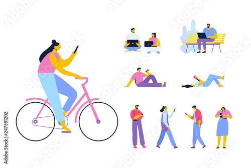 Girl riding bicycle with mobile phone.  Young men and women holding smartphones and texting  talking  listening to music. People with laptop. Flat vector people isolated on white bg.