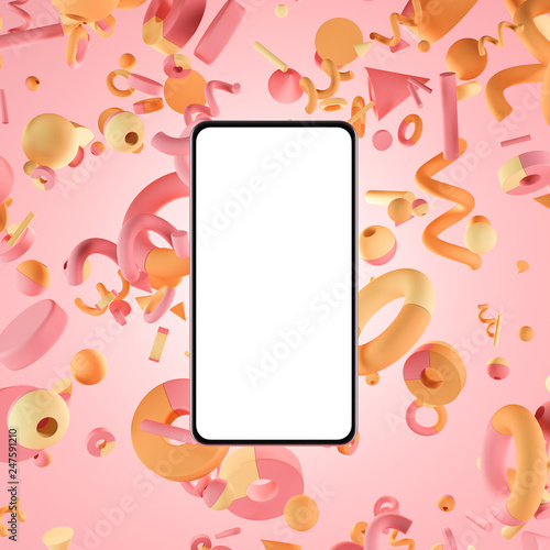 Smartphone on the pink background with geometric figures.