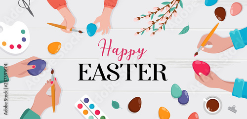 Easter scene - happy family preparing for Easter. Mother, father and daughters are painting eggs. Vector illustration
