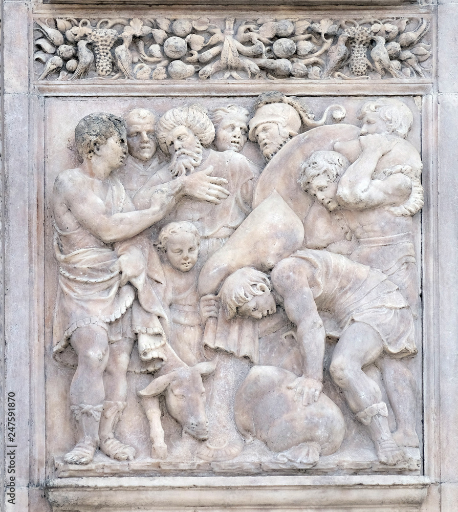 The finding of the cup in Benjamin's sack by Gerolamo da Treviso, right door of San Petronio Basilica in Bologna, Italy