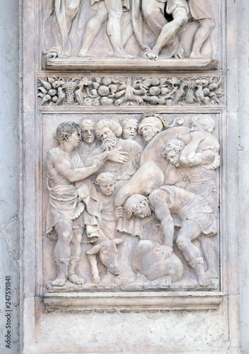 The finding of the cup in Benjamin's sack by Gerolamo da Treviso, right door of San Petronio Basilica in Bologna, Italy photo