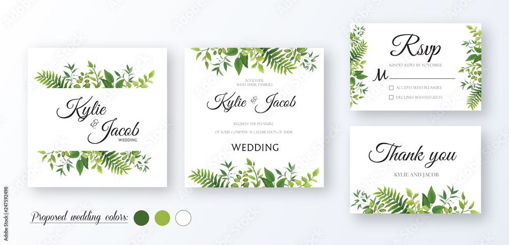      Wedding Invitation, thank you, rsvp card. Floral design with green watercolor fern leaves, foliage greenery decorative frame print. Vector elegant cute rustic greeting, invite, postcard 