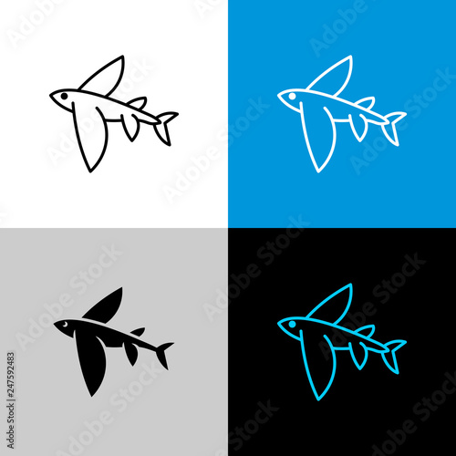 Photo Flying fish thin linear simple icon side view.
