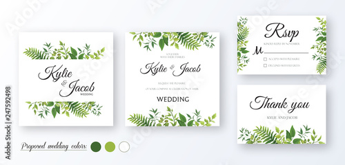      Wedding Invitation, thank you, rsvp card. Floral design with green watercolor fern leaves, foliage greenery decorative frame print. Vector elegant cute rustic greeting, invite, postcard 