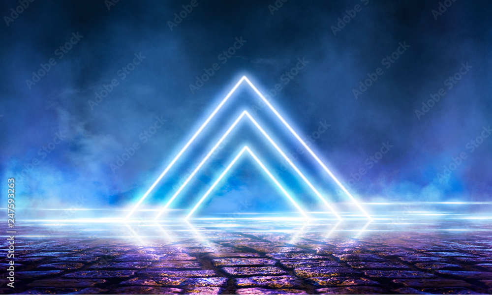  Wet asphalt, neon light reflected on a wet surface, arch, light triangle, pyramid abstract light, smoke, smog. Night background, night city