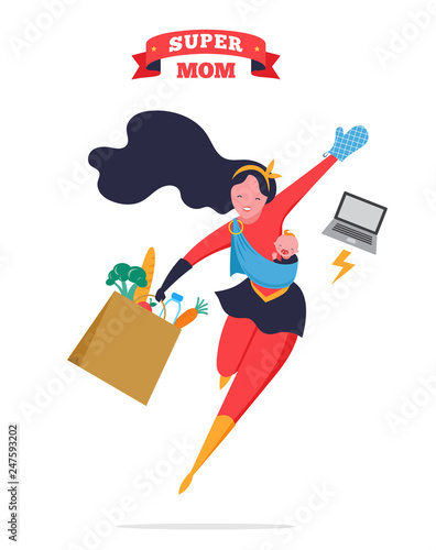 Super Mom. Flying superhero mother carrying a baby. Vector illustration