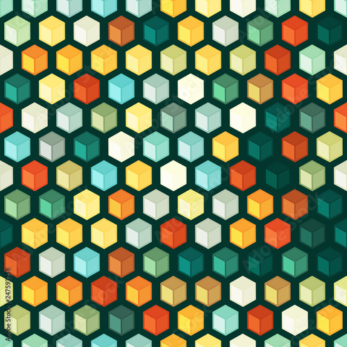 Isometric cubes. Hexagones background. Multicolor boxes. Seamless pattern.