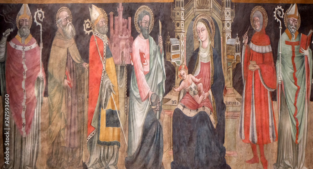 Virgin Mary with baby Jesus and saints, fresco in San Petronio Basilica in Bologna, Italy