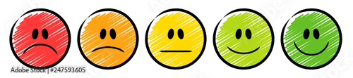 5 farbige Ampel-Smileys mit einer Emotions-Skala von traurig bis lächelnd / Schraffierte Vektor-Zeichnung photo