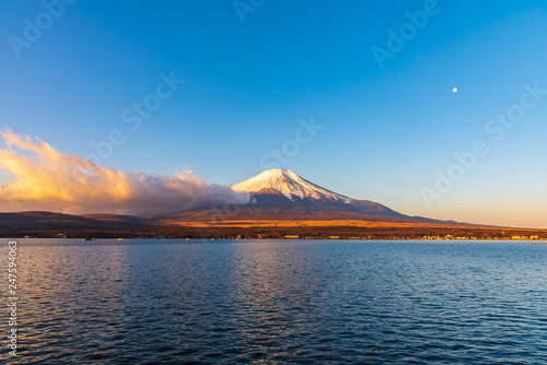 Fujisan or Fuji mountain in sunrise light at lake Yamanaka, Yamanashi prefecture Japan.