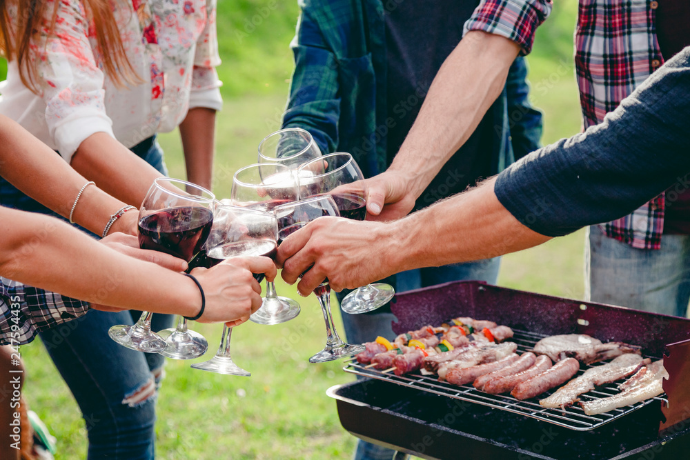 Group of friends making a toast during a barbecue in the countryside