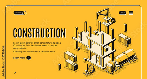 Construction company isometric vector web banner with tank truck, forklift carrying cargo and tower crane working on construction site line art illustration. Investment project landing page template