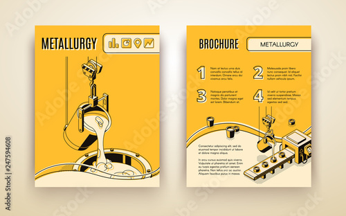 Metallurgical industry company, foundry manufacture isometric vector advertising brochure, promotion booklet with molten in induction furnace metal pouring from ladle in molds line art illustration