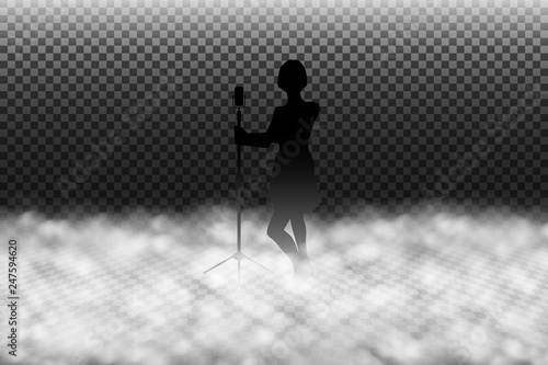 Fog machine effect vector illustration, scenic smoke or stage fog realistic special effect isolated on transparency background, women singer silhouette on a fogged stage