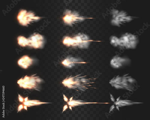 Firearm muzzle flash special effects isolated on transparency grid, various smoke cloud after gun being fired a realistic vector illustrations, rifle, shotgun, pistol or handgun shot flash collection