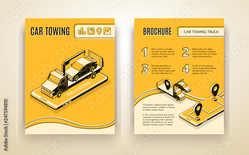 Car towing company, road assistant, car repair service isometric vector advertising brochure or booklet page template. Flatbed truck on smartphone screen transporting broken car line art illustration