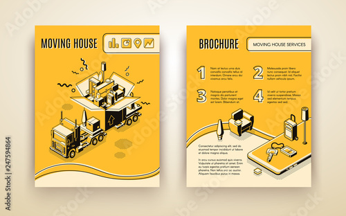 House moving, relocation company, delivery service isometric advertising brochure or promotion booklet. Truck carrying huge cardboard box with home stuff, furniture on cellphone screen illustration