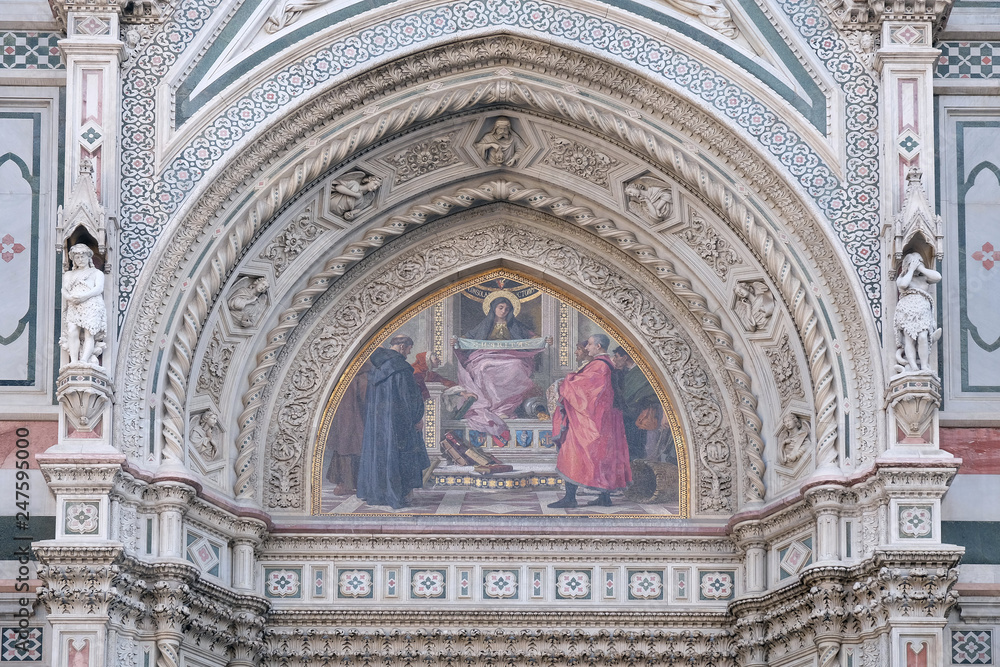 Charity among the founders of Florentine philanthropic institutions, Left Portal of Cattedrale di Santa Maria del Fiore, Florence, Italy 