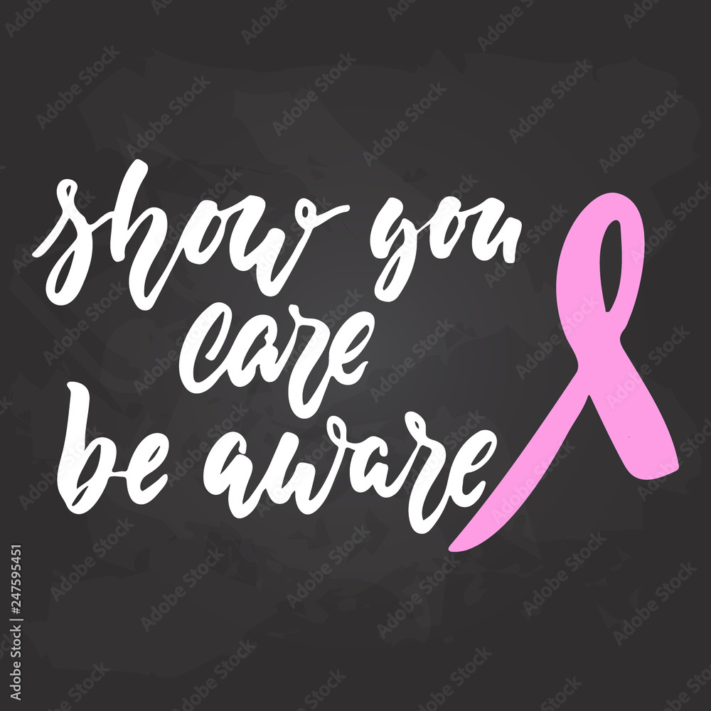 Show you care be aware - hand drawn October Breast Cancer Awareness Month lettering phrase on black chalkboard background. Brush ink vector quote for banners, greeting card, poster design. Show you care be aware - hand drawn October Breast Cancer Awareness Month lettering phrase on black chalkboard background. Brush ink vector quote for banners, greeting card, poster design.