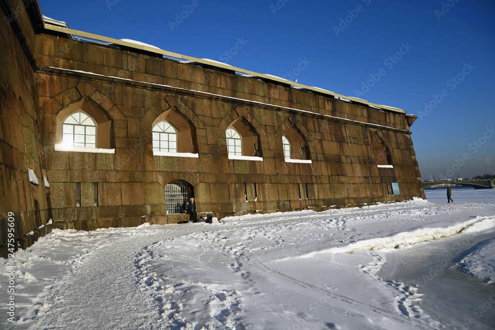 Peter and Pauls fortress. Architecture of Saint-Petersburg, Russia. Color picture. Popular landmark. Winter photo