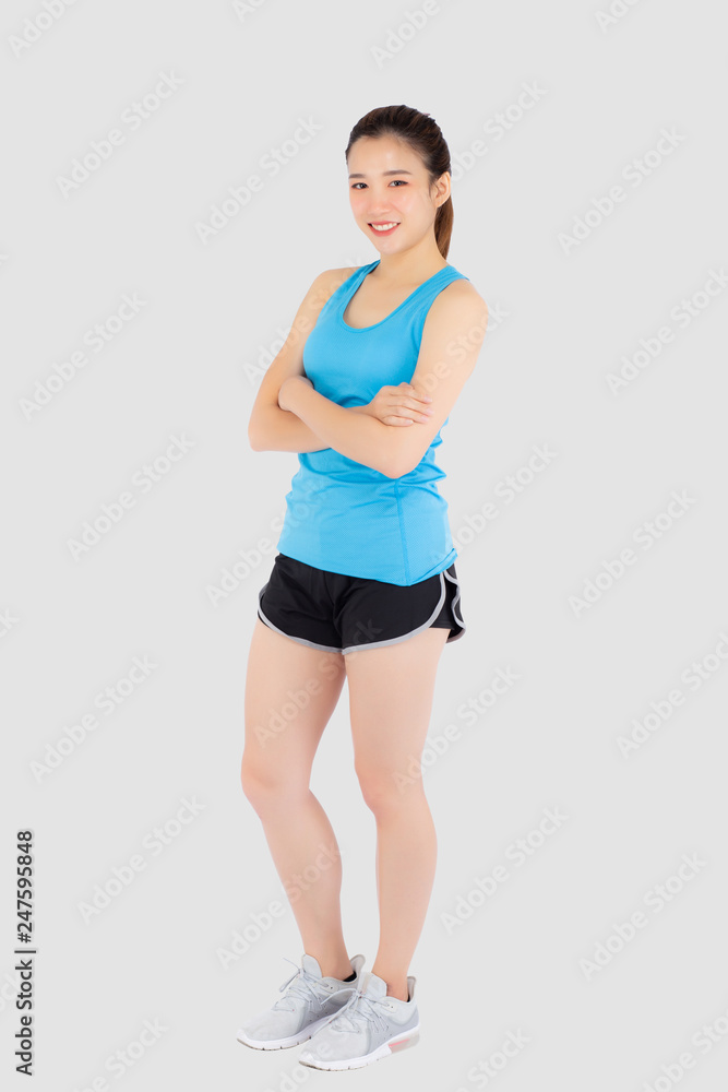 Full-length beautiful portrait young asian woman in sport clothing with satisfied and confident isolated on white background, girl asia have shape and wellness, exercise for fit with health concept. Full-length beautiful portrait young asian woman in sport clothing with satisfied and confident isolated on white background, girl asia have shape and wellness, exercise for fit with health concept.