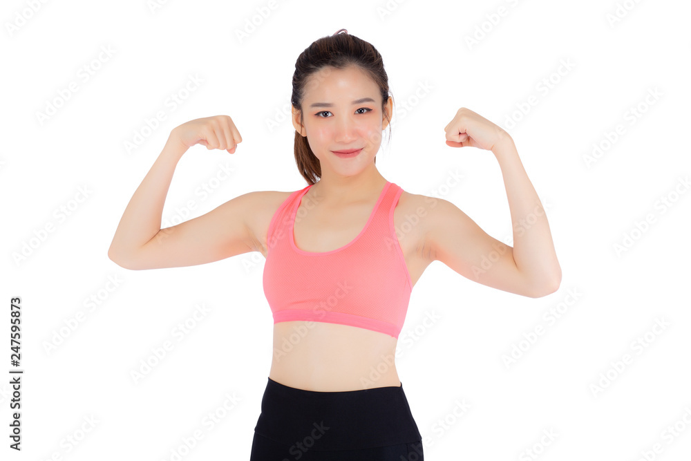 Beautiful portrait asian woman wear sport clothes have strong and muscle with health, girl show biceps with exercise and workout for wellness isolated on white background, strength and fit concept. Beautiful portrait asian woman wear sport clothes have strong and muscle with health, girl show biceps with exercise and workout for wellness isolated on white background, strength and fit concept.