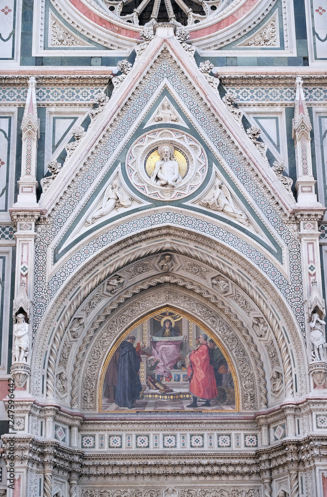 Charity among the founders of Florentine philanthropic institutions, Left Portal of Cattedrale di Santa Maria del Fiore, Florence, Italy 