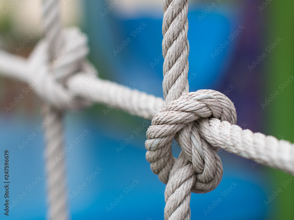 The old rope knot for net climbing, closeup of rope knot