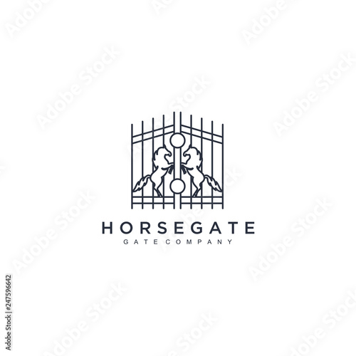 Antique arch in a square logo template. Horse gate shield king vector icon illustration. Arched construction logotype. Vintage arch vector design.