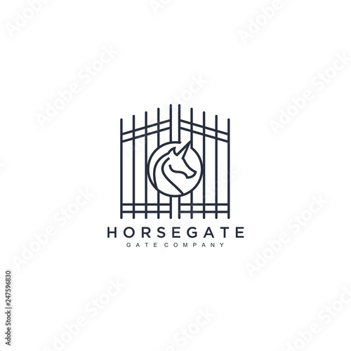 Antique arch in a square logo template. Horse gate shield king vector icon illustration. Arched construction logotype. Vintage arch vector design.