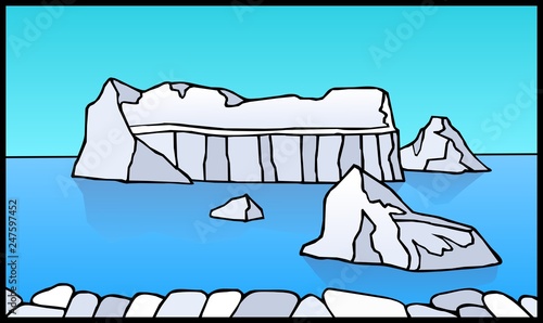 Arctic landscape with icebergs and floes. 