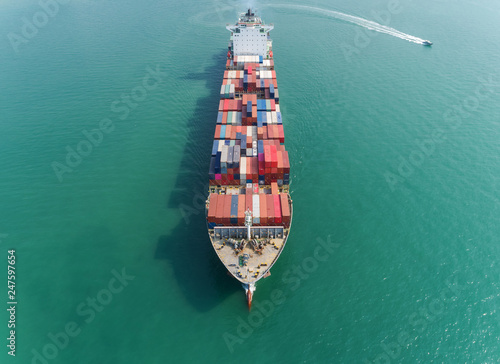 Aerial front view container ship full load container for logistic, import export, shipping or transportation.