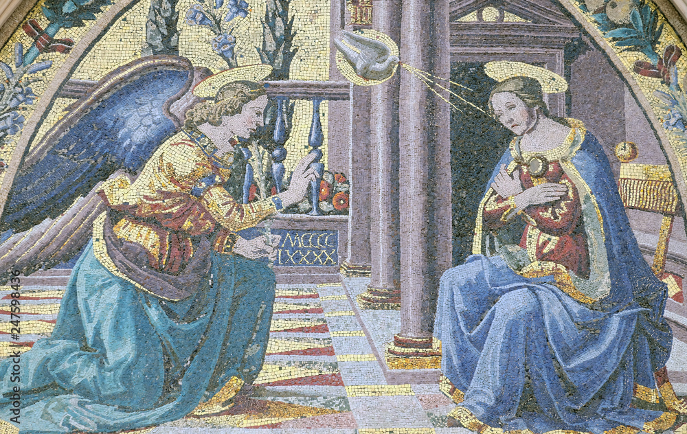 Naklejka premium Annunciation by Ghirlandaio brothers, Mandorla Gate, Portal of Cattedrale di Santa Maria del Fiore (Cathedral of Saint Mary of the Flower), Florence, Italy 