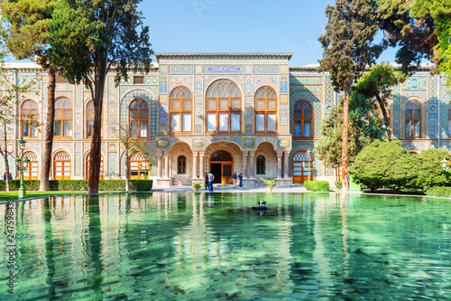 Beautiful view of the Golestan Palace and scenic pond, Tehran