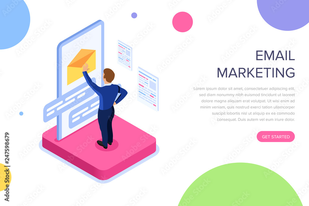 Email marketing concept with characters. Can use for web banner, infographics, hero images. Flat isometric vector illustration isolated on white background.