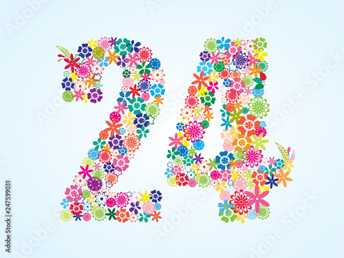 Vector Colorful Floral 24 Number Design isolated on white background. Floral Number Twenty Four Vector Typeface.