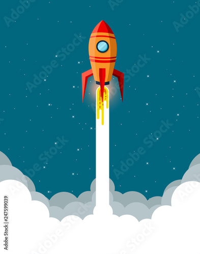 Fototapeta Naklejka Na Ścianę i Meble -  space shuttle are flying up into the sky while flying above a cloud. go to business success goal. leadership. startup. creative idea. illustration cartoon vector