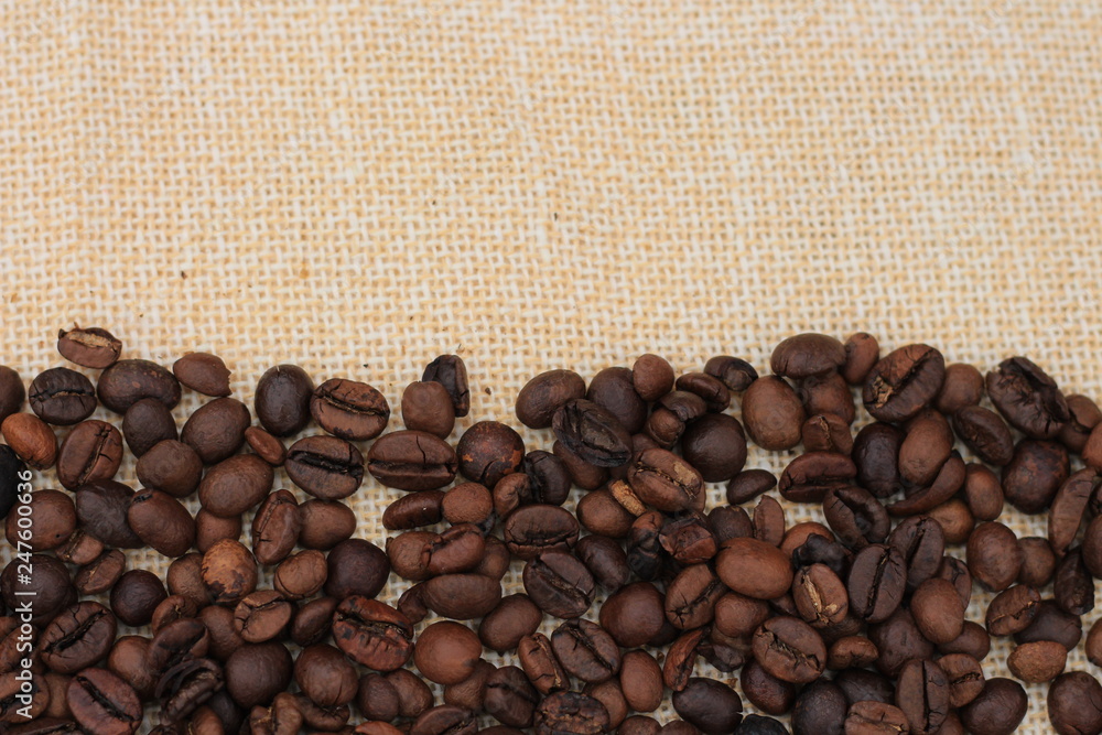 Fototapeta premium Coffee beans on the textile and copy space