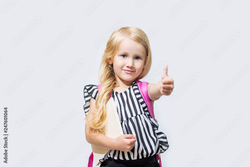 Little child girl beautiful fashionable and happy on isolated background, back to school Little child girl beautiful fashionable and happy on isolated background, back to school